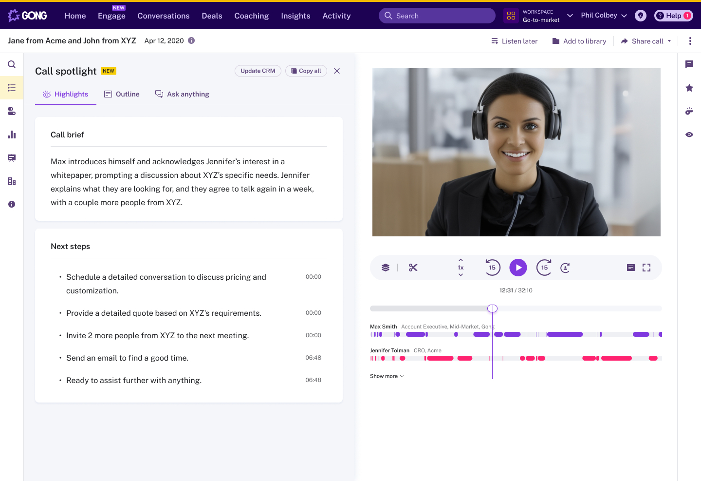 Gong dashboard shwoing call and conversation insights from a meeting
