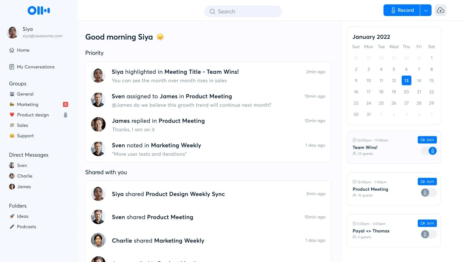 Otter AI's Dasboard showing upcoming meeting and shared items