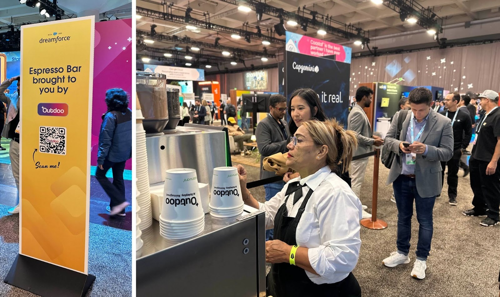 Outdoo AI Espresso Bar at Dreamforce 2025 with branded coffee cups and event signage, where attendees enjoyed coffee and conversations on AI-driven sales innovation.