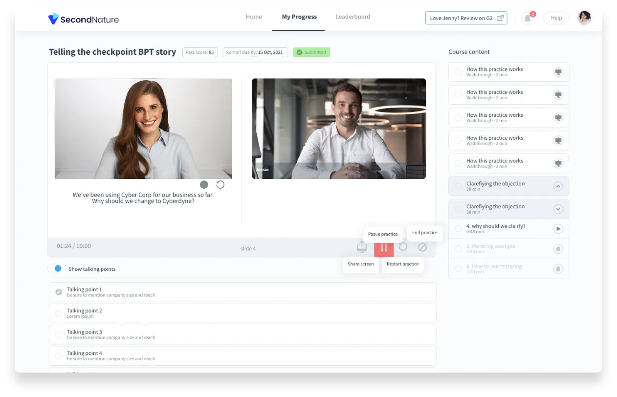 SecondNature AI sales simulation dashboard featuring virtual buyer interactions, scoring, and conversation analytics.