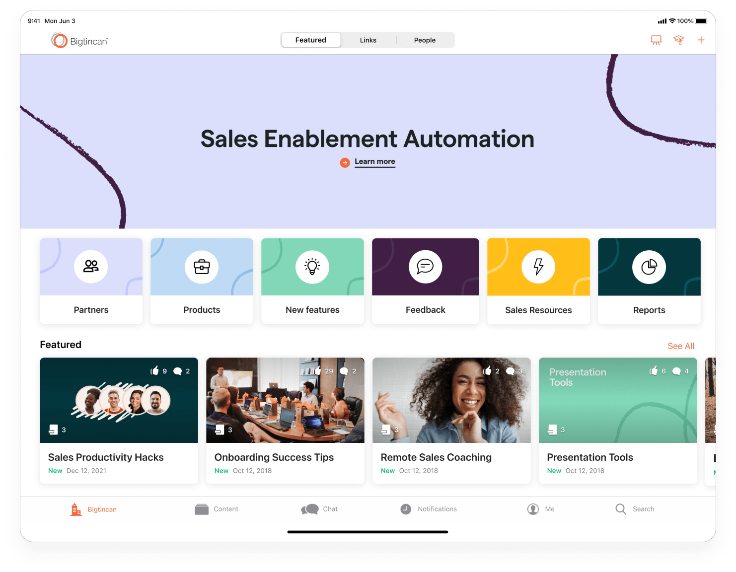 Bigtincan sales enablement dashboard showing content automation, deal tracking, and activity insights.