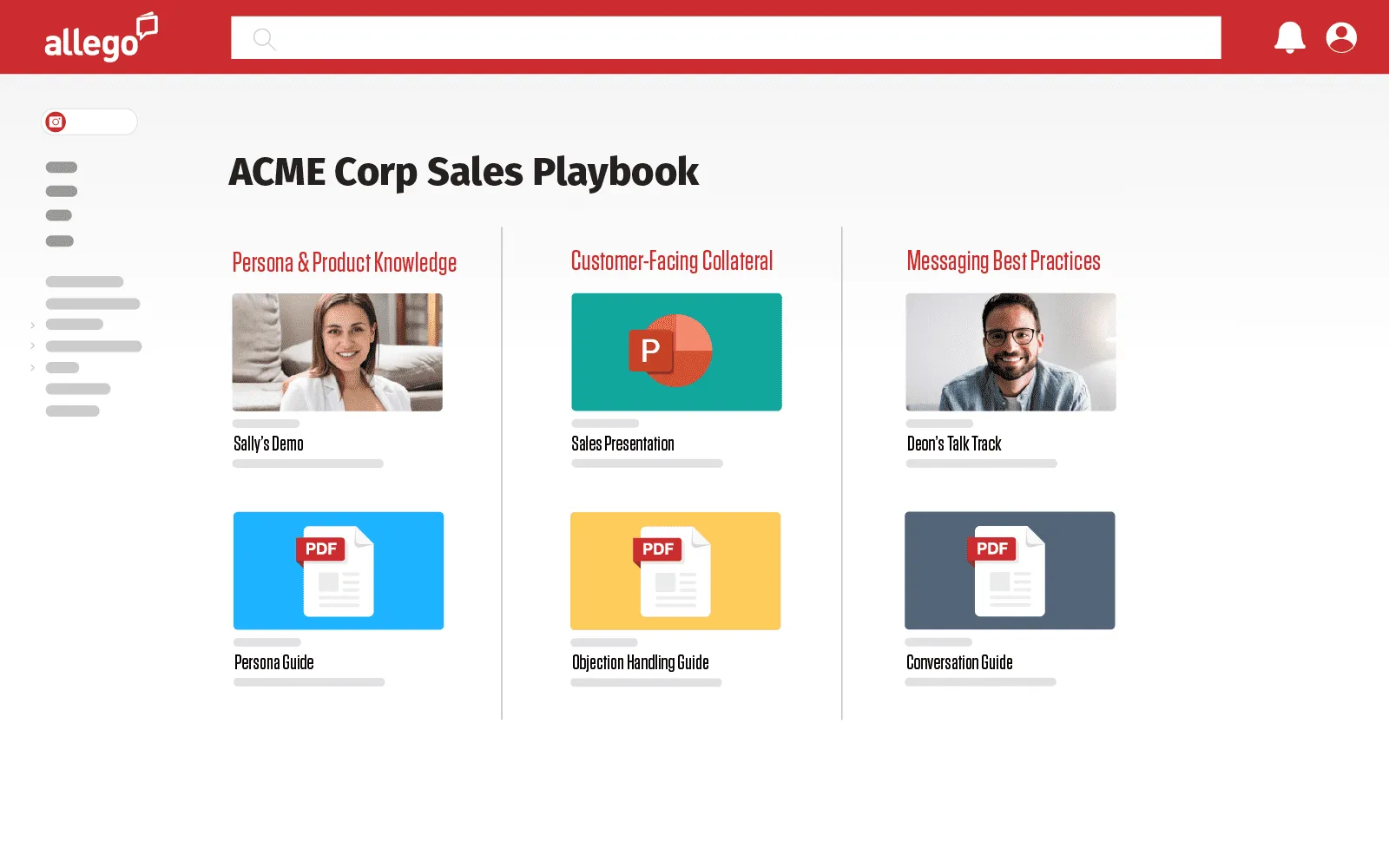 Allego learning and coaching dashboard showing video practice analytics and rep certification progress.