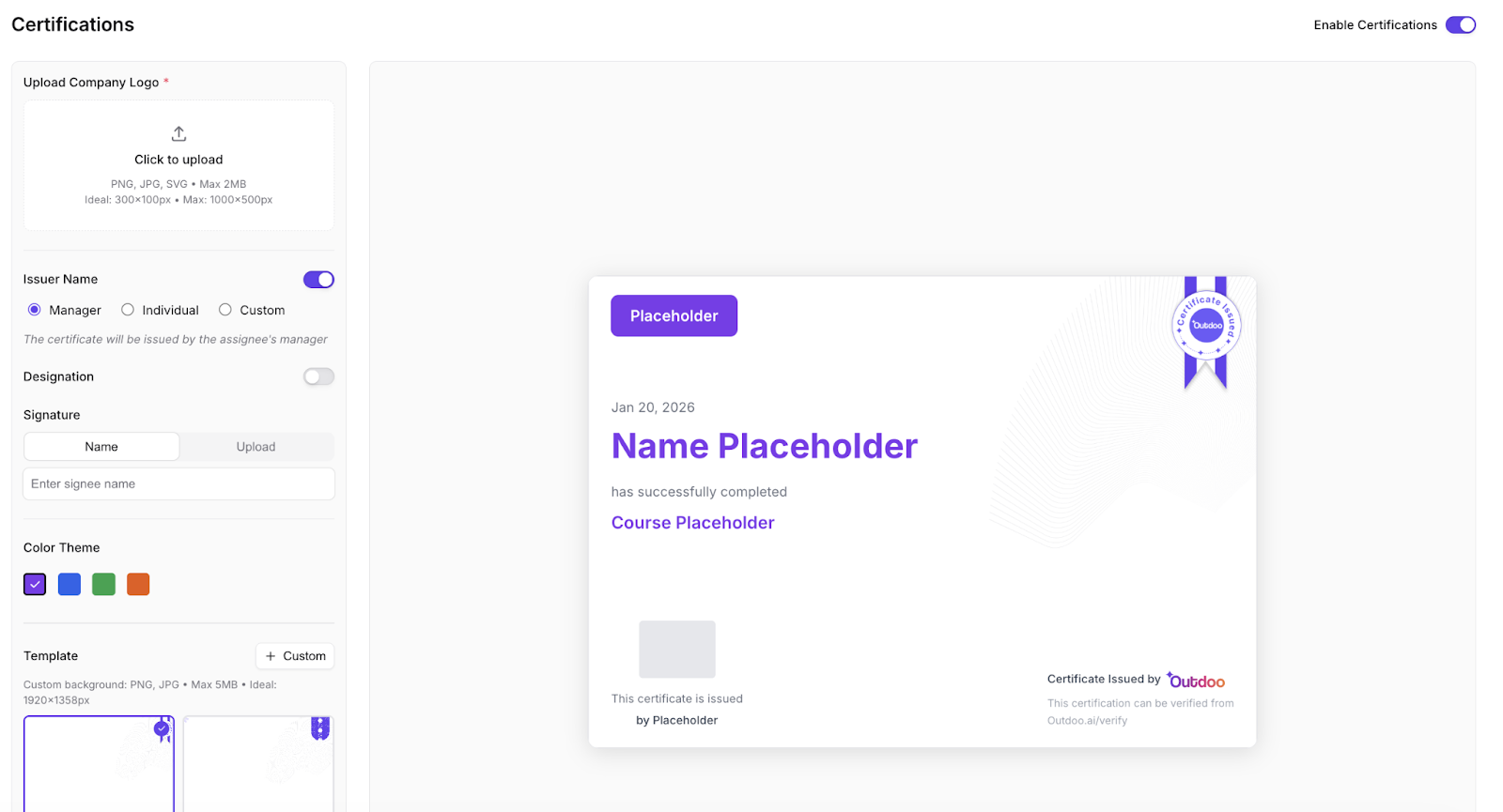 Outdoo AI dashboard showing creating custom branded roleplay certifications for enterprise teams training