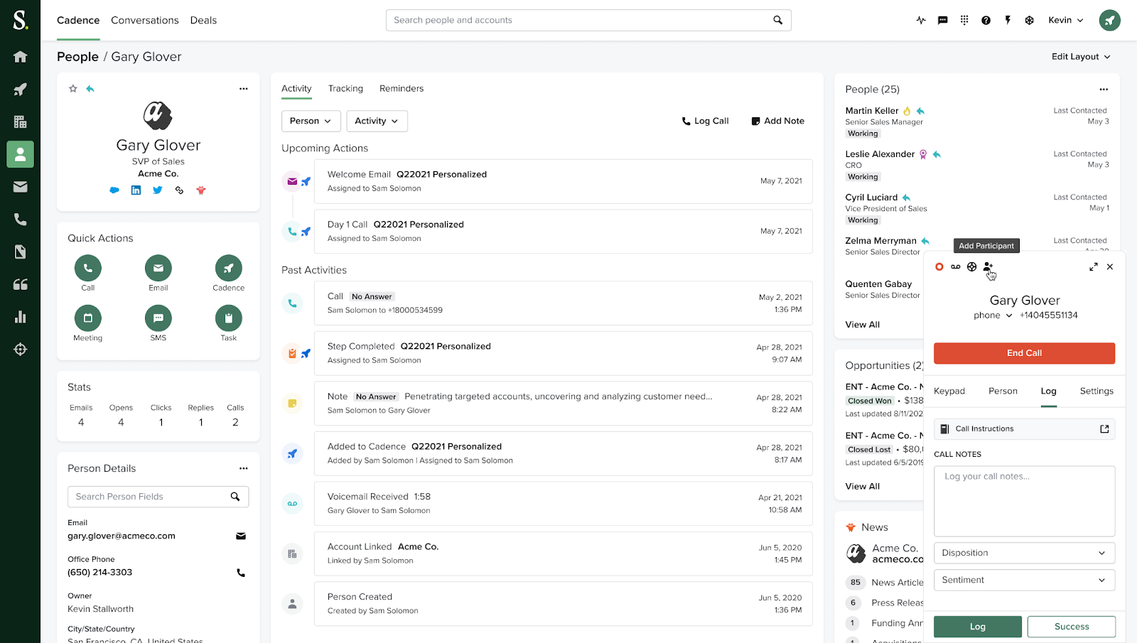 Salesloft dashboard showing a contact’s profile with activity timeline, upcoming actions, past activities, call logs, CRM integration details, and quick actions panel for emails, calls, and meetings.