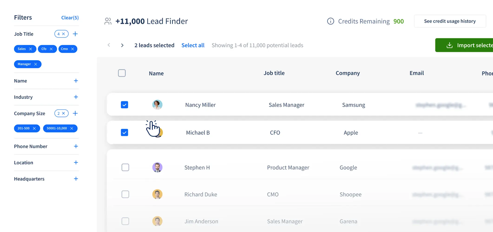 SmartReach Lead Finder dashboard displaying filtered contacts with names, job titles, companies, and options to import selected leads