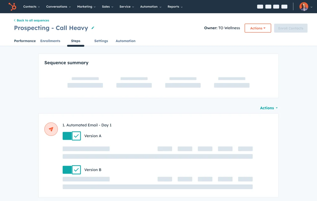HubSpot Sales Hub sequence dashboard showing a prospecting workflow with automated email steps, sequence summary, and enrollment options.