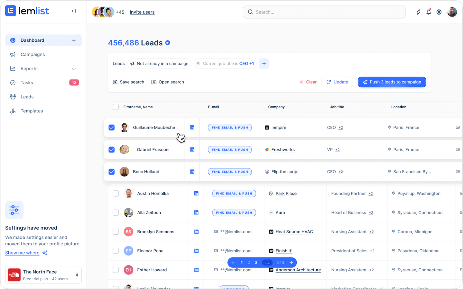 Lemlist dashboard showing a leads database with contact names, emails, companies, job titles, and options to push leads into campaigns.