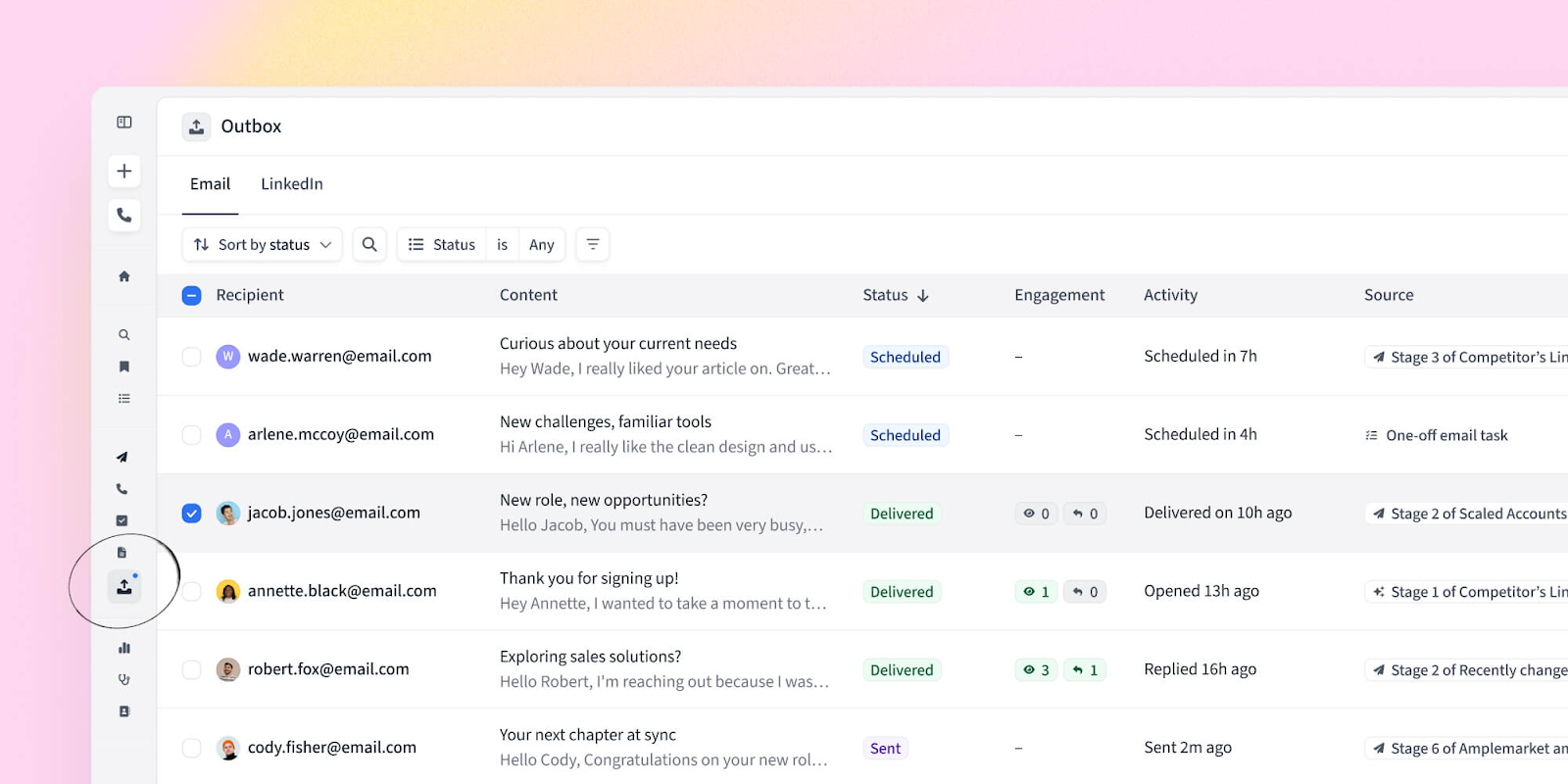 Amplemarket dashboard showing the Outbox with email and LinkedIn outreach, including recipient details, content previews, engagement, and status updates.