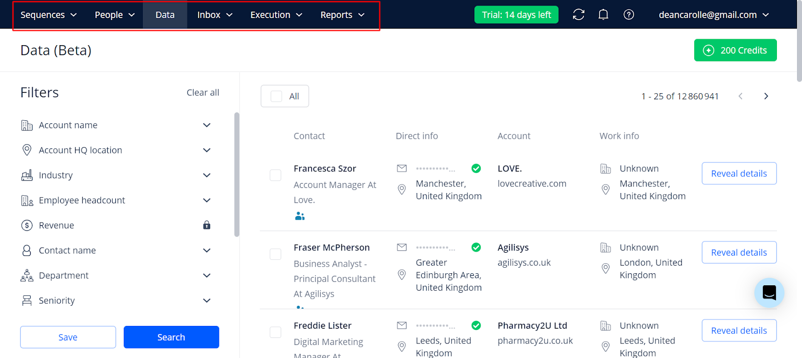 Reply.io dashboard showing the Data tab with filters for account details, industry, headcount, and a contact list with account and work info.