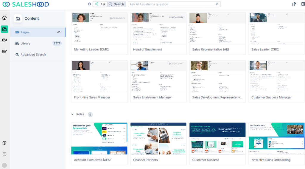 SalesHood coaching and enablement dashboard with peer learning insights and deal review analytics.