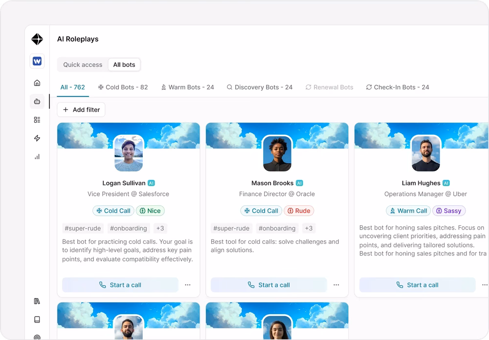 Hyperbound sales training platform dashboard highlighting AI roleplays, skill progress tracking, and feedback summaries.