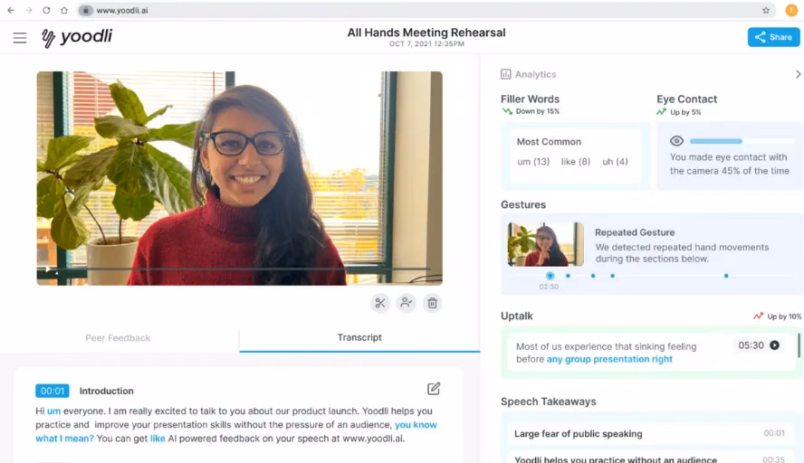 Yoodli AI communication coach dashboard displaying speech analytics, filler-word detection, and presentation feedback.