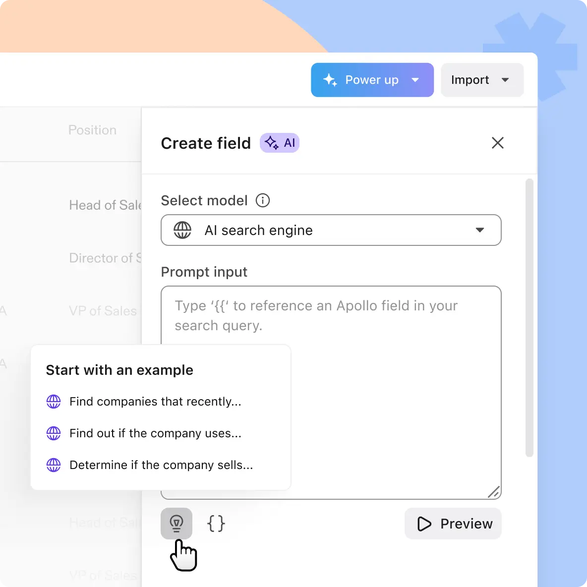 Apollo AI sales assistant interface showing prospecting, lead enrichment, and outbound outreach automation