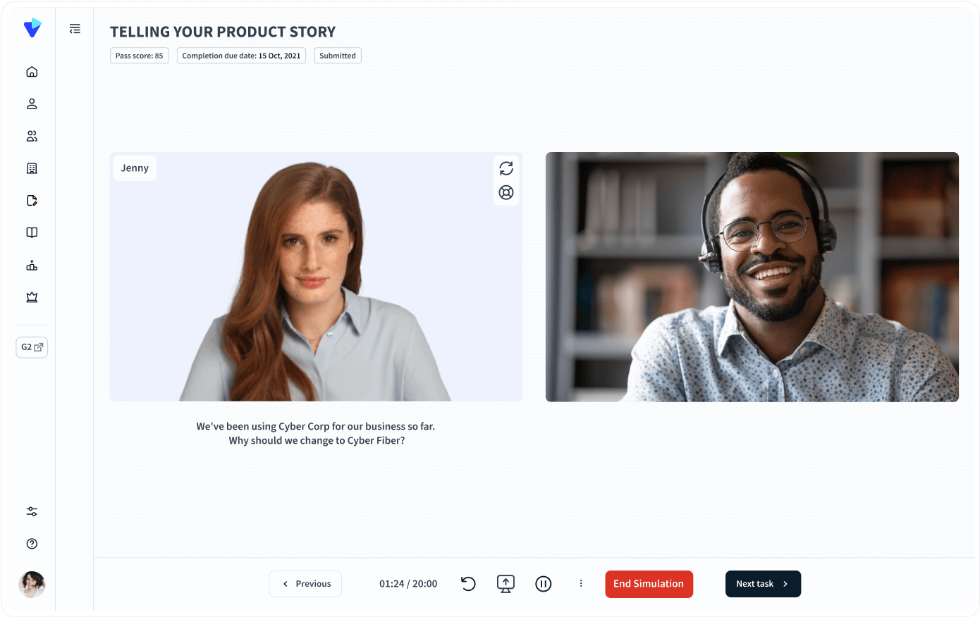 SecondNature AI sales training assistant showing avatar-based roleplay simulation with conversation scoring