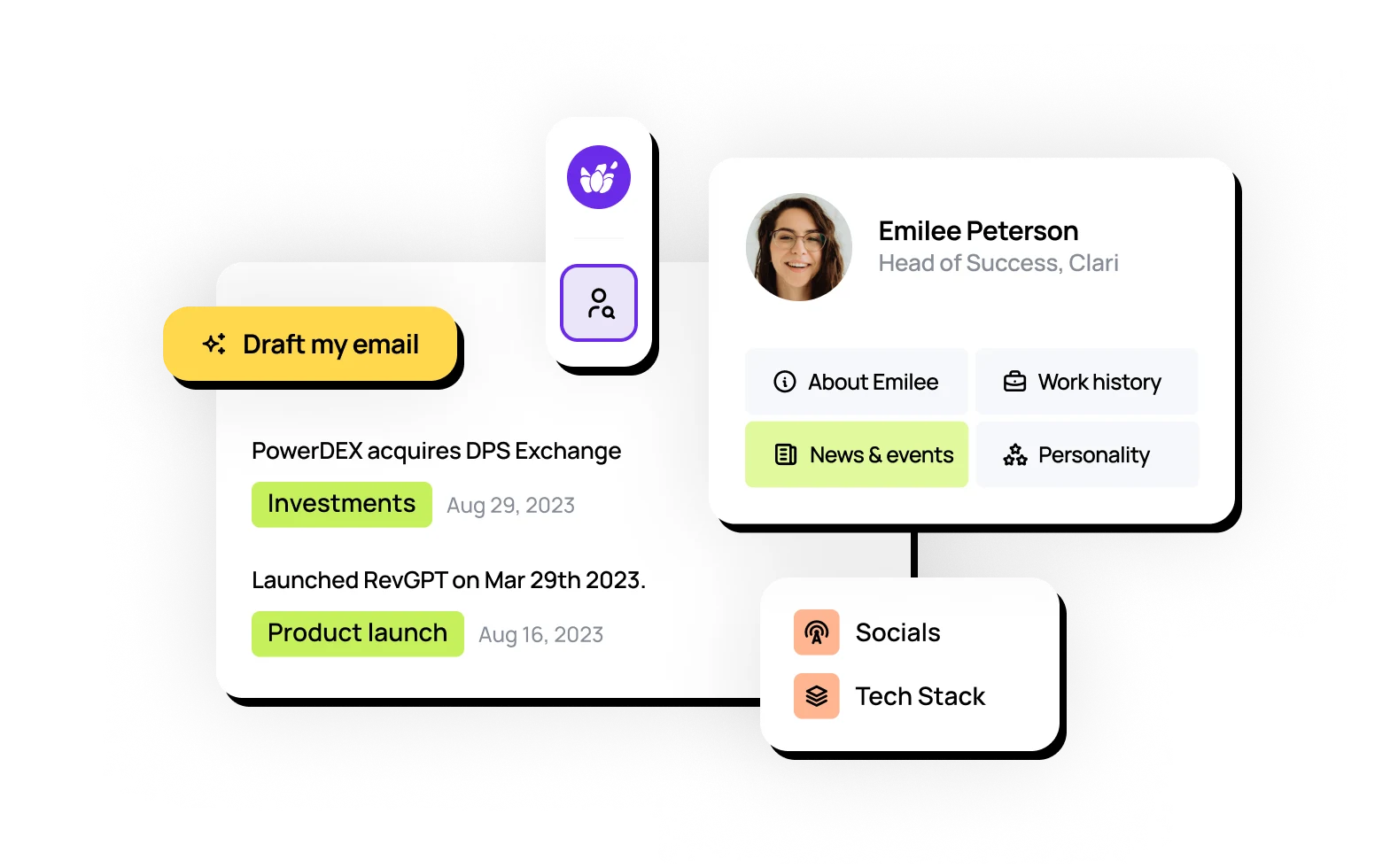 Lavender AI sales assistant email writing interface showing real-time scoring for tone, personalization, and clarity