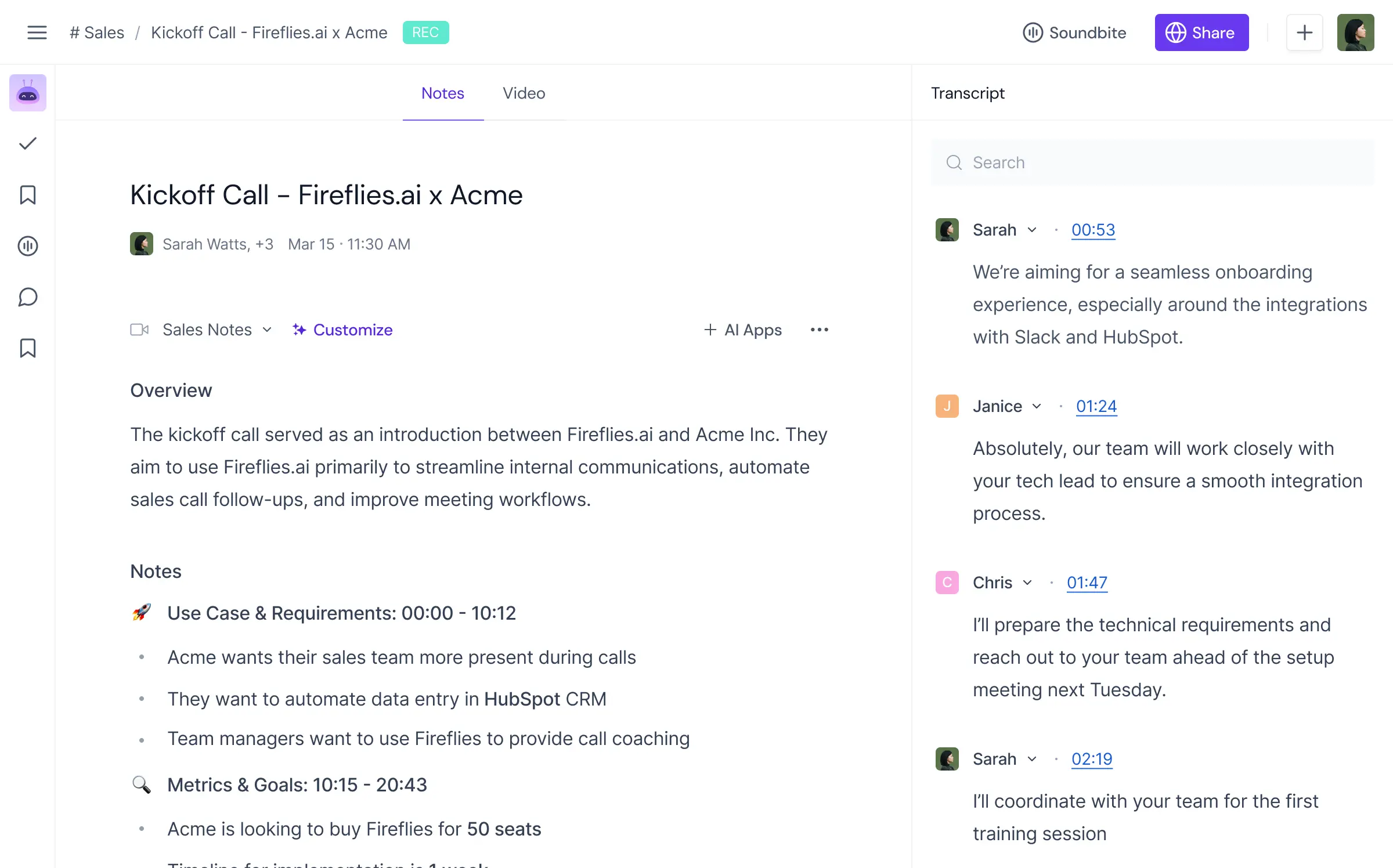 Fireflies AI sales assistant interface showing meeting transcription, call summaries, and follow-up task capture