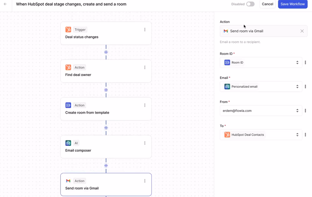 Flowla app interface showing how to sales room creation and email trigger can trigger be automated when a Hubspot deal status changes 