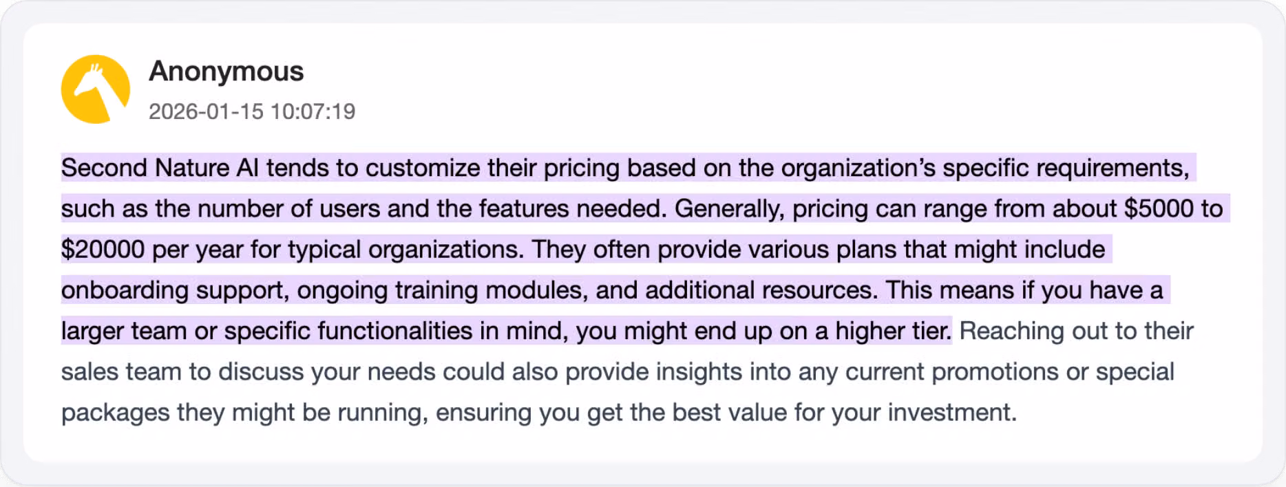 User review highlighting pricing concerns with Second Nature AI sales training platform