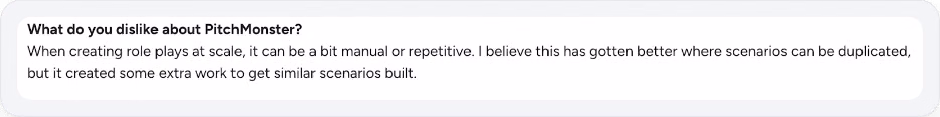 Customer feedback highlighting issues with PitchMonster roleplay platform