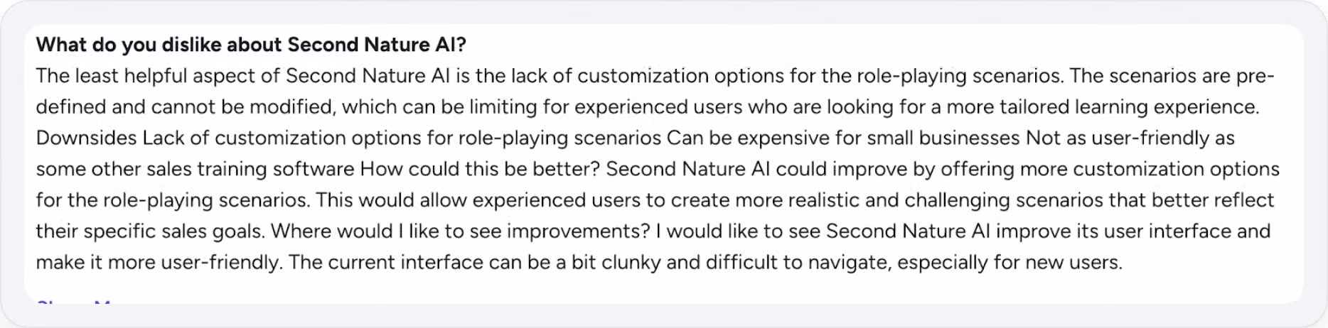 Second Nature AI user feedback highlighting scenario customization limitations and flexibility concerns
