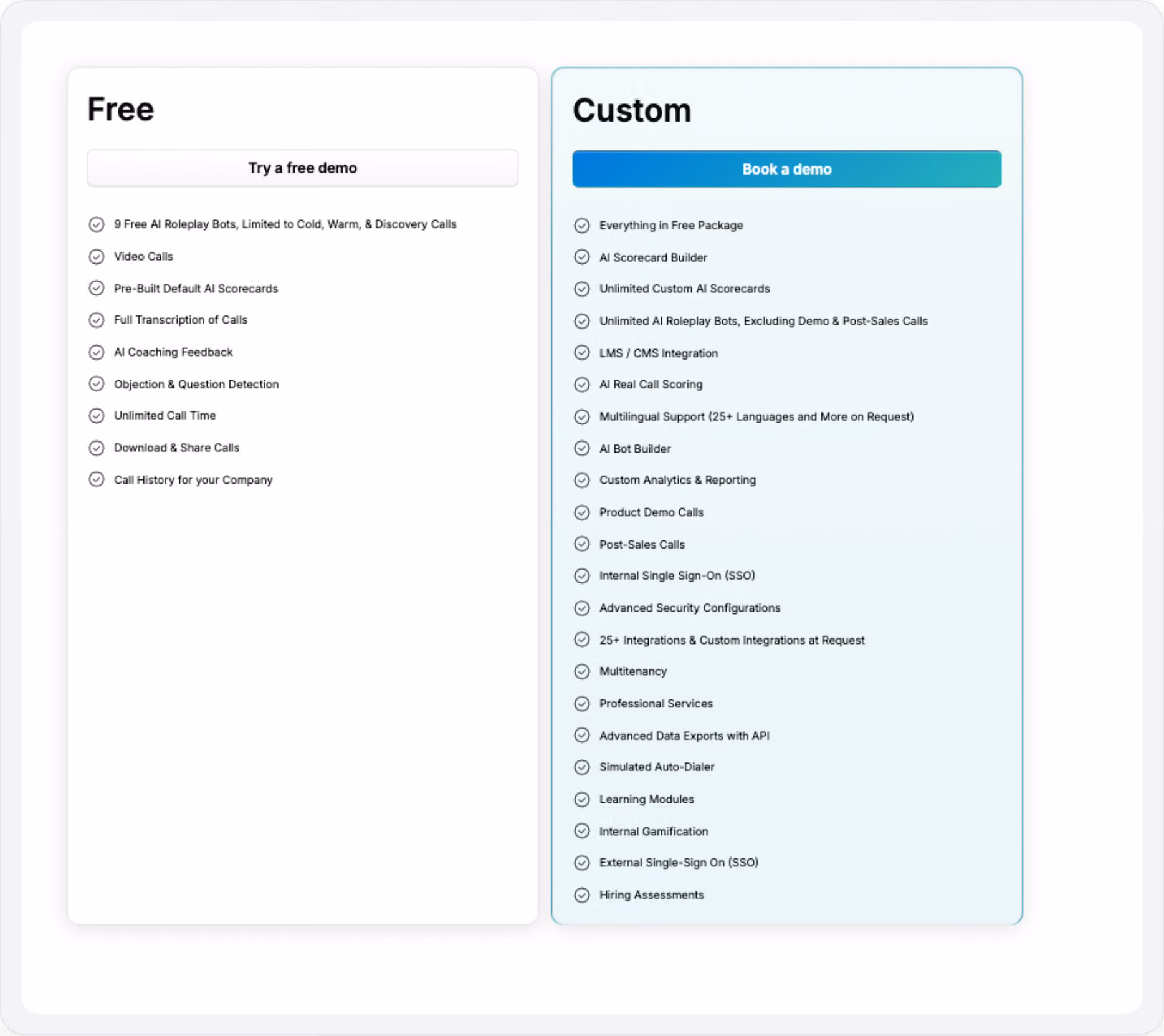 Hyperbound AI sales roleplay pricing tiers showing free plan and custom enterprise plan