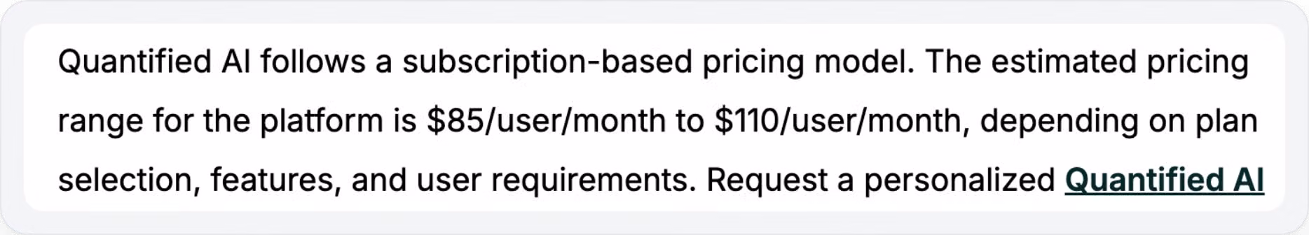 Quantified AI estimated per-user pricing range from third-party sources
