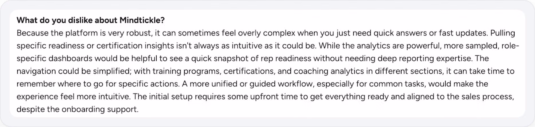 User review highlighting concerns with Mindtickle sales enablement platform complexity