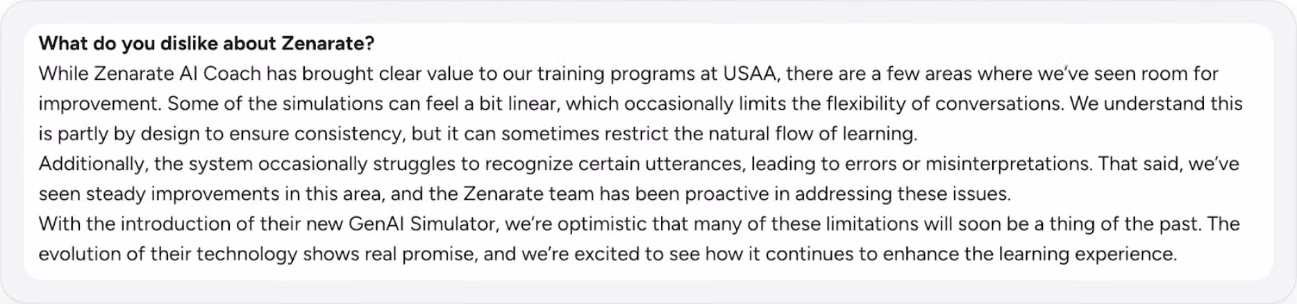 Zenarate user feedback on linear simulation flow and AI recognition