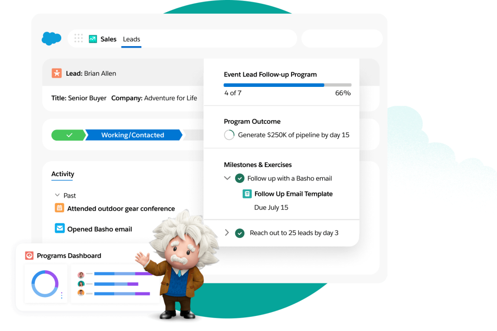 A sales lead dashboard shows the activity and progress of a lead with pop-outs for follow-ups and a programmes dashboard.