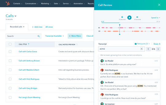 HubSpot Sales software showing call review feature