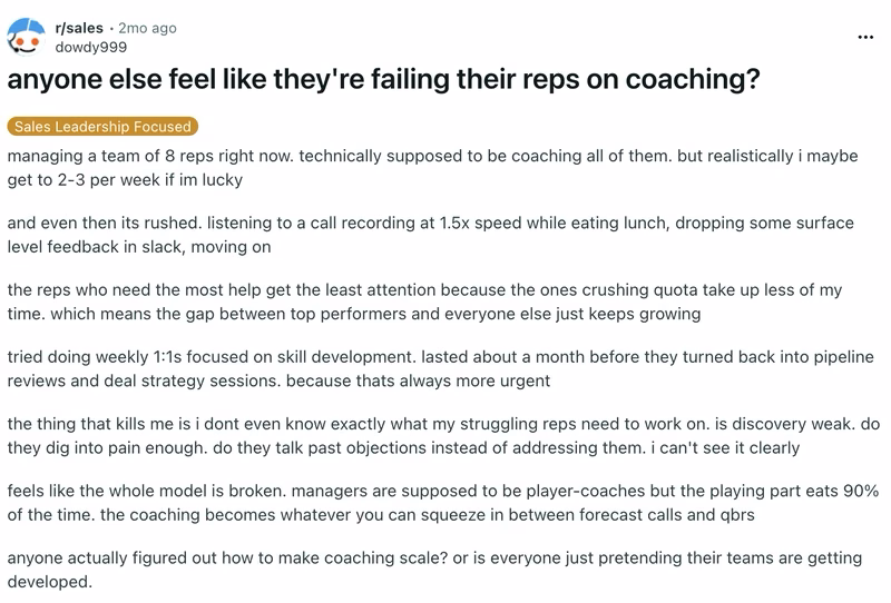 Real voice from r/sales: a sales manager with 8 direct reports describes only being able to coach 2–3 reps per week, with struggling reps getting the least attention, illustrating exactly the capacity constraint that AI-assisted practice is designed to close.