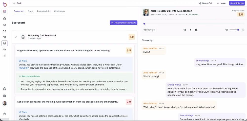 Scorecard and feedback view shows structured post-practice assessment tied to specific leadership behaviors.