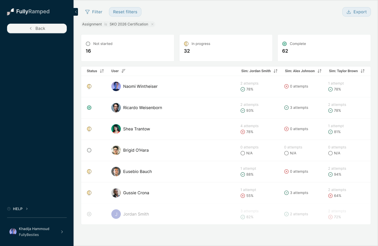FullyRamped platform interface showing Gong-integrated AI twins of real customer calls