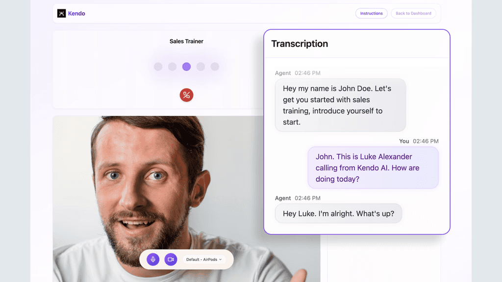 Kendo AI sales roleplay screeshot showing transcription capabiltiies