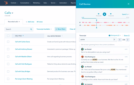 HubSpot Sales software showing call review feature