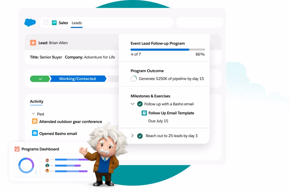A sales lead dashboard shows the activity and progress of a lead with pop-outs for follow-ups and a programmes dashboard.