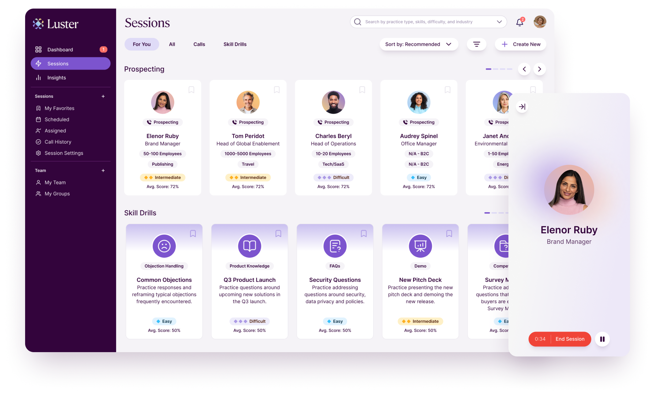 Luster predictive enablement platform showing AI practice simulations and skill-gap analytics