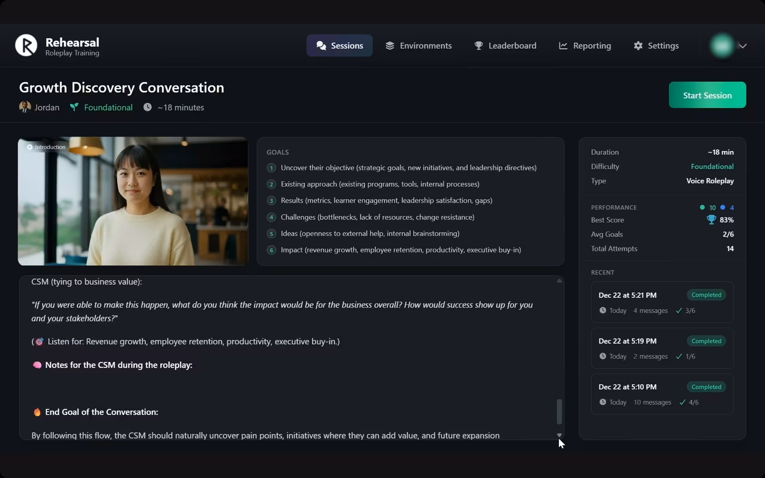 Rehearsal video practice platform showing recorded responses with mentor feedback and AI roleplay