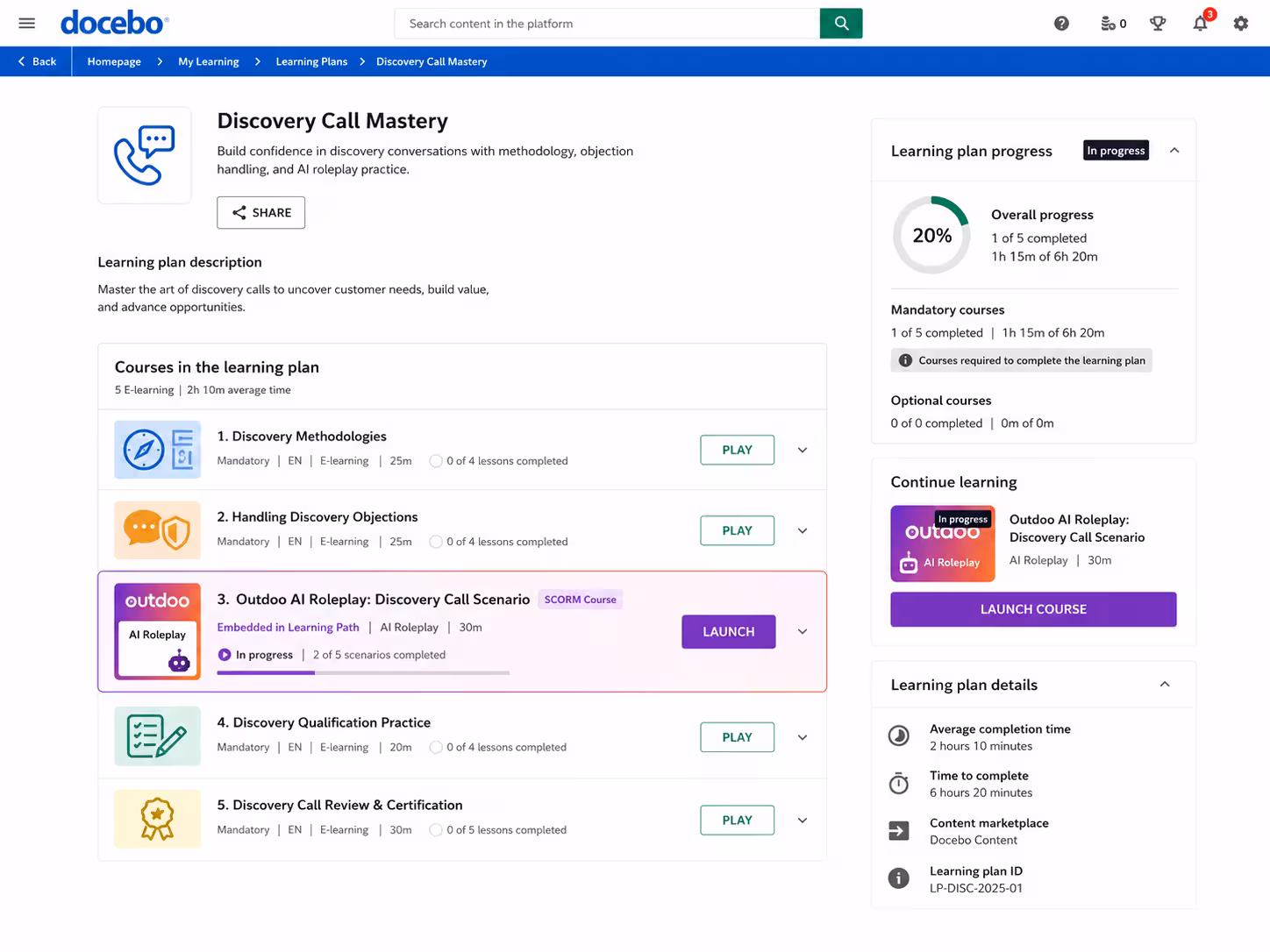 Docebo Discovery Call Mastery learning plan with an Outdoo AI Roleplay SCORM course embedded among the modules