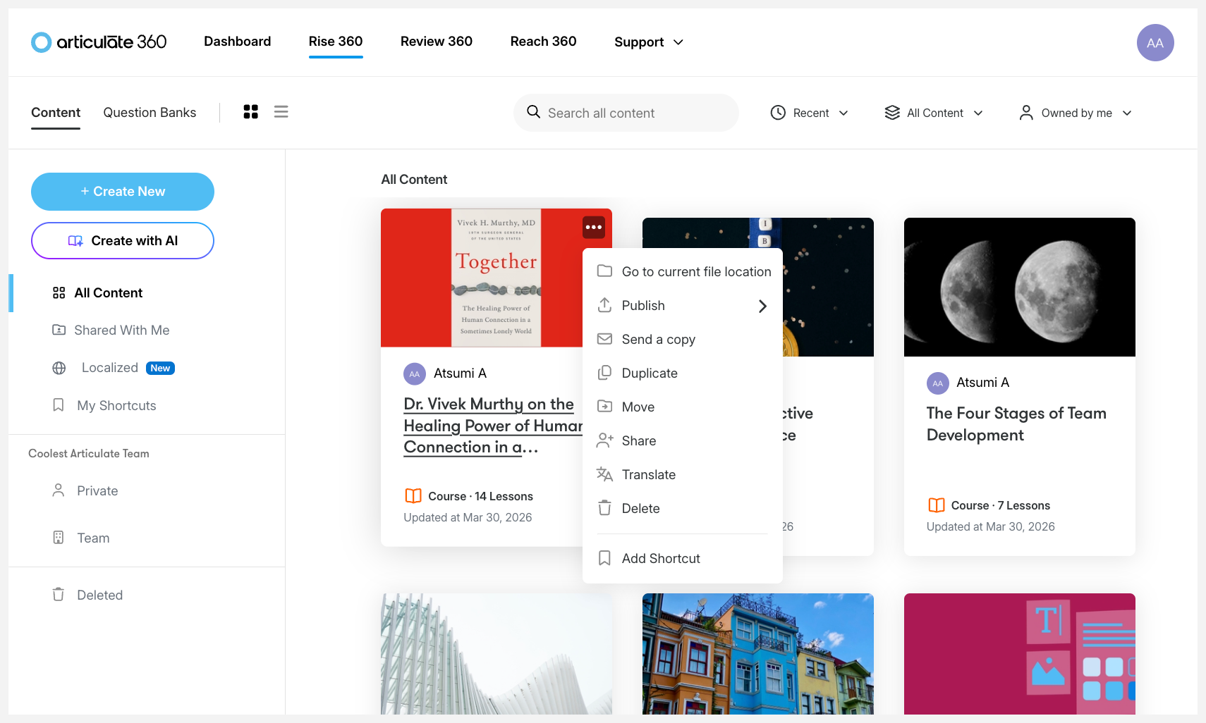 Articulate 360 Rise authoring view with the AI Assistant generating course blocks