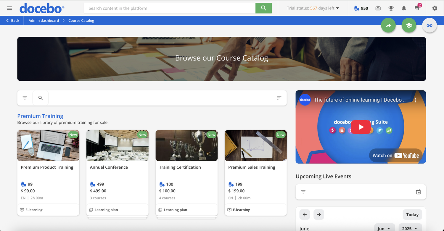 Docebo learning platform dashboard showing courses catlog