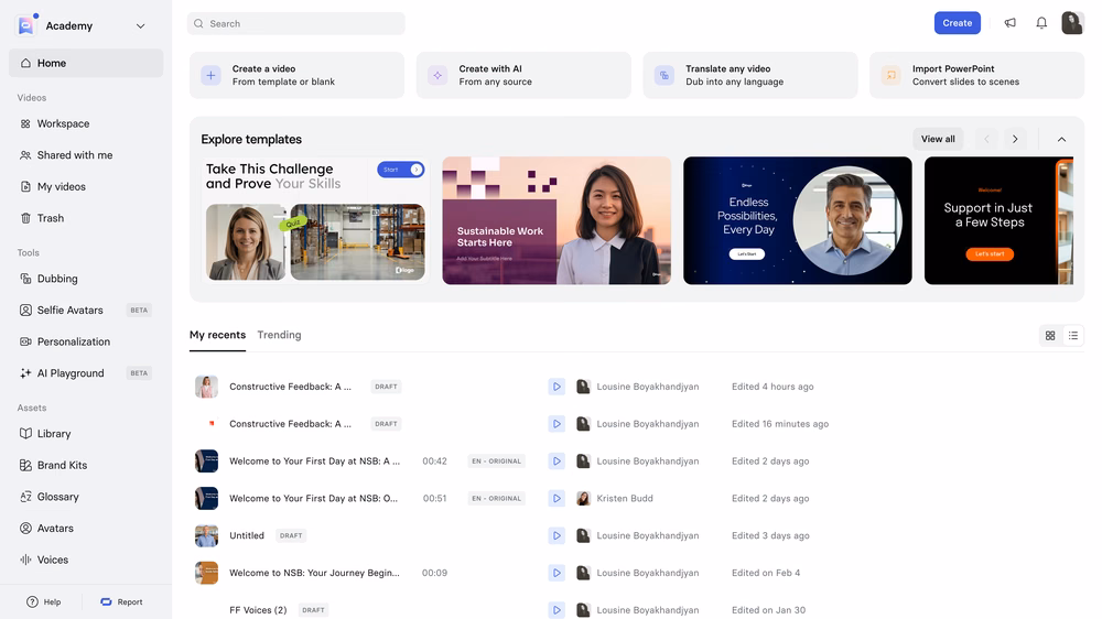 Synthesia dashboard showing application overiew and training setup