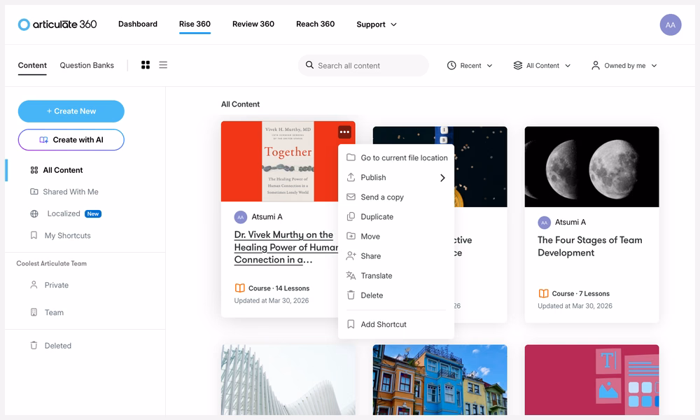 Articulate 360 Rise authoring view with the AI Assistant generating course blocks