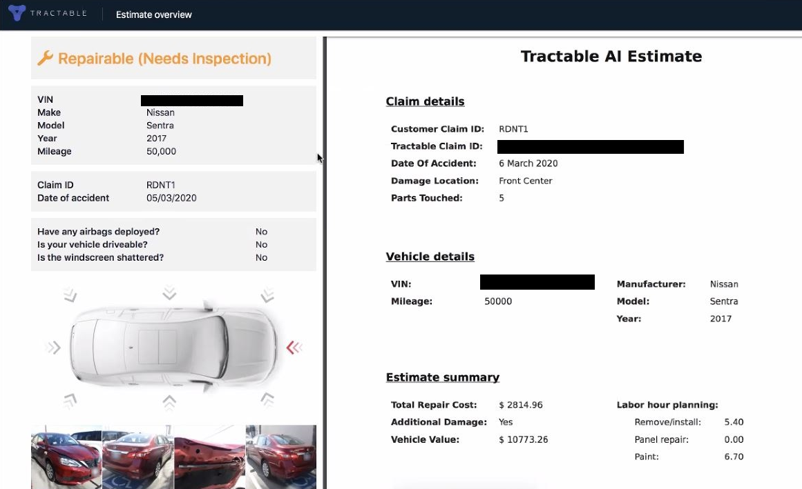 Tractable AI interface showing vehicle damage photos analyzed for repair cost estimation