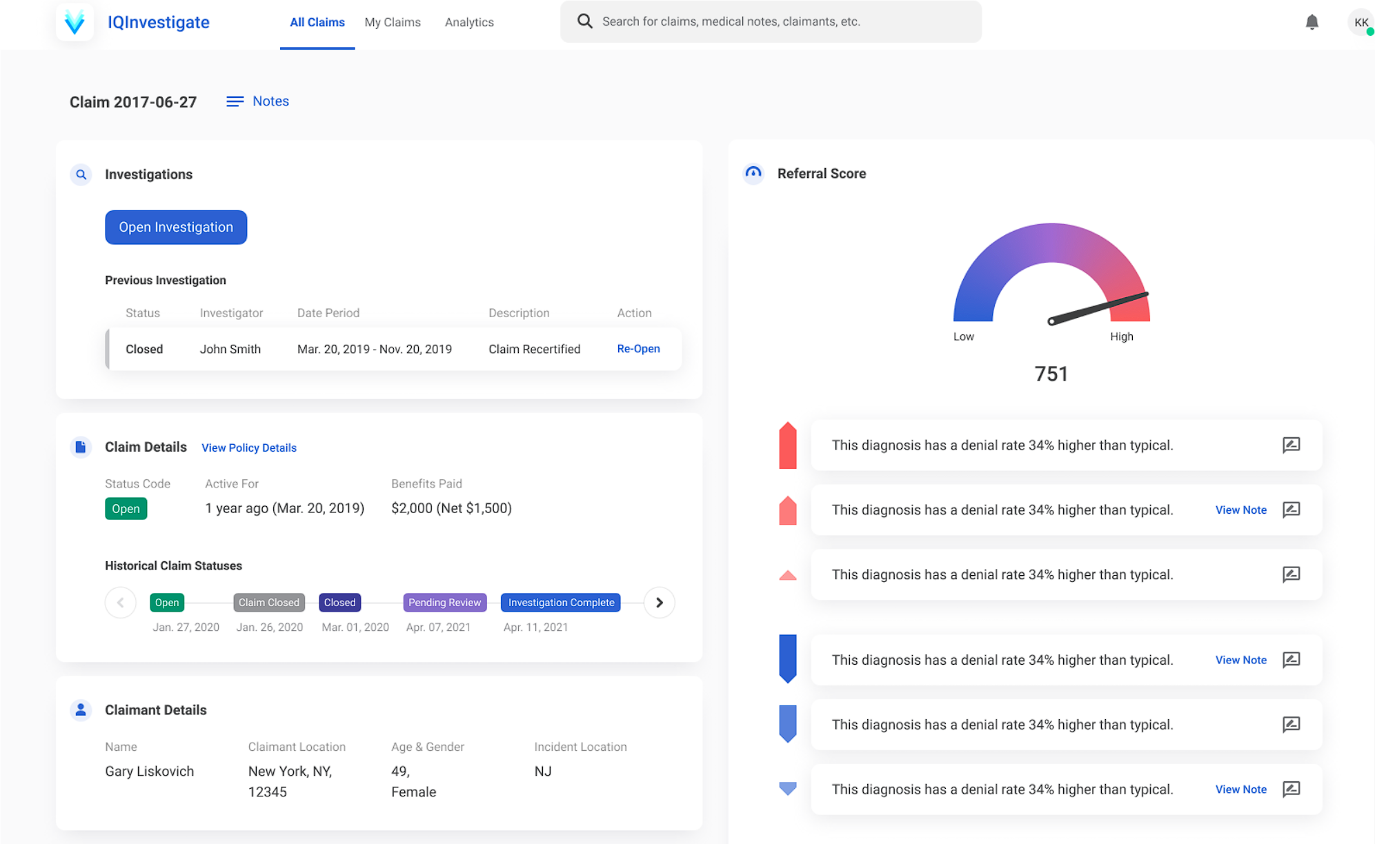 EvolutionIQ dashboard showing a ranked list of open claims with AI-recommended next best actions
