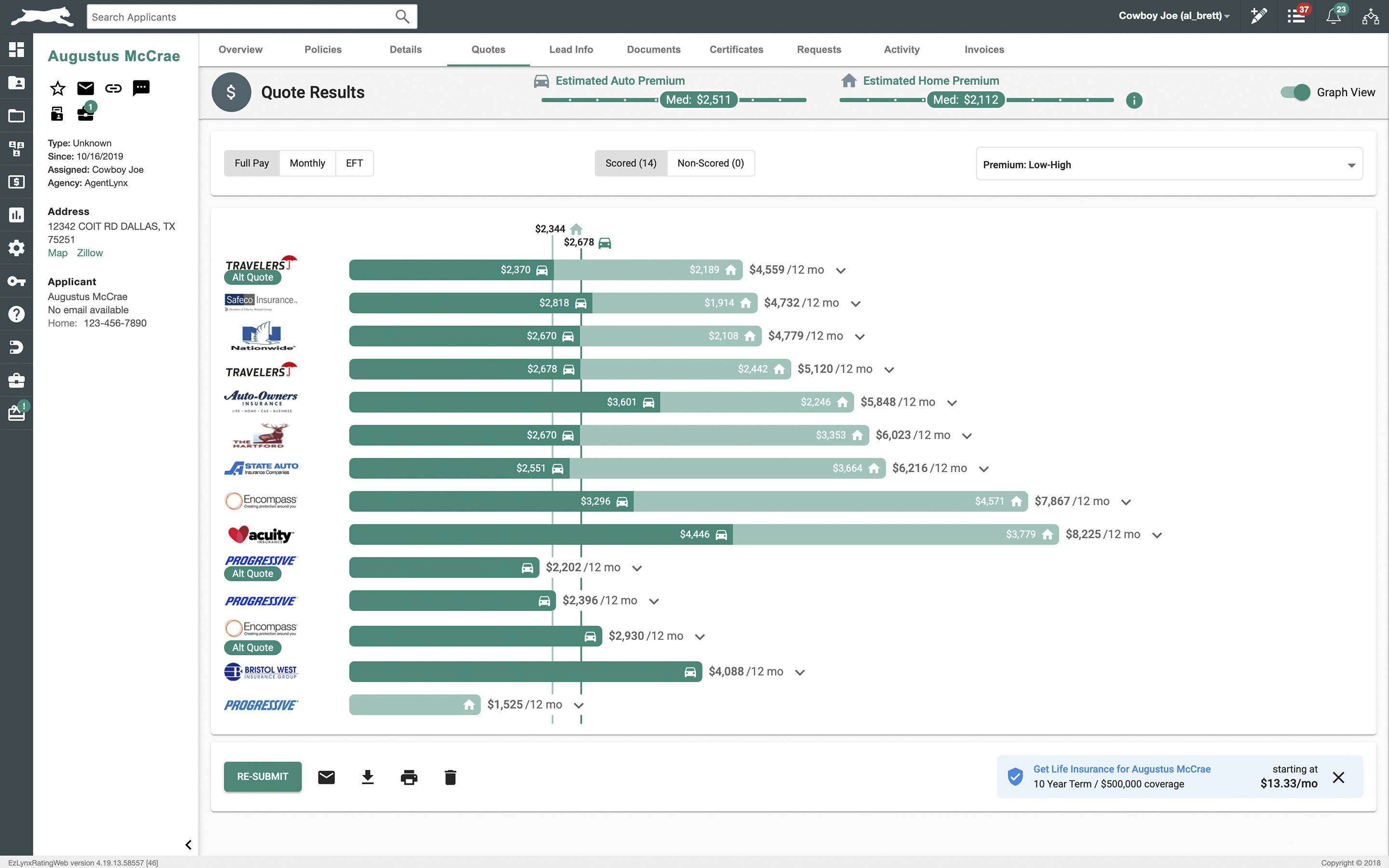 EZLynx comparative rating screen showing side-by-side quotes from multiple carriers for the same applicant