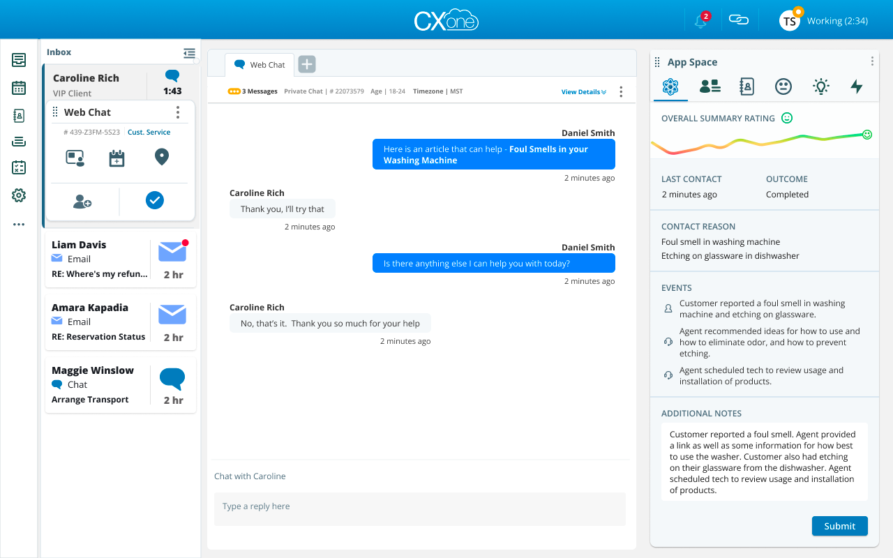 NICE CXone unified agent workspace showing an inbound call with AI Copilot guidance and case history