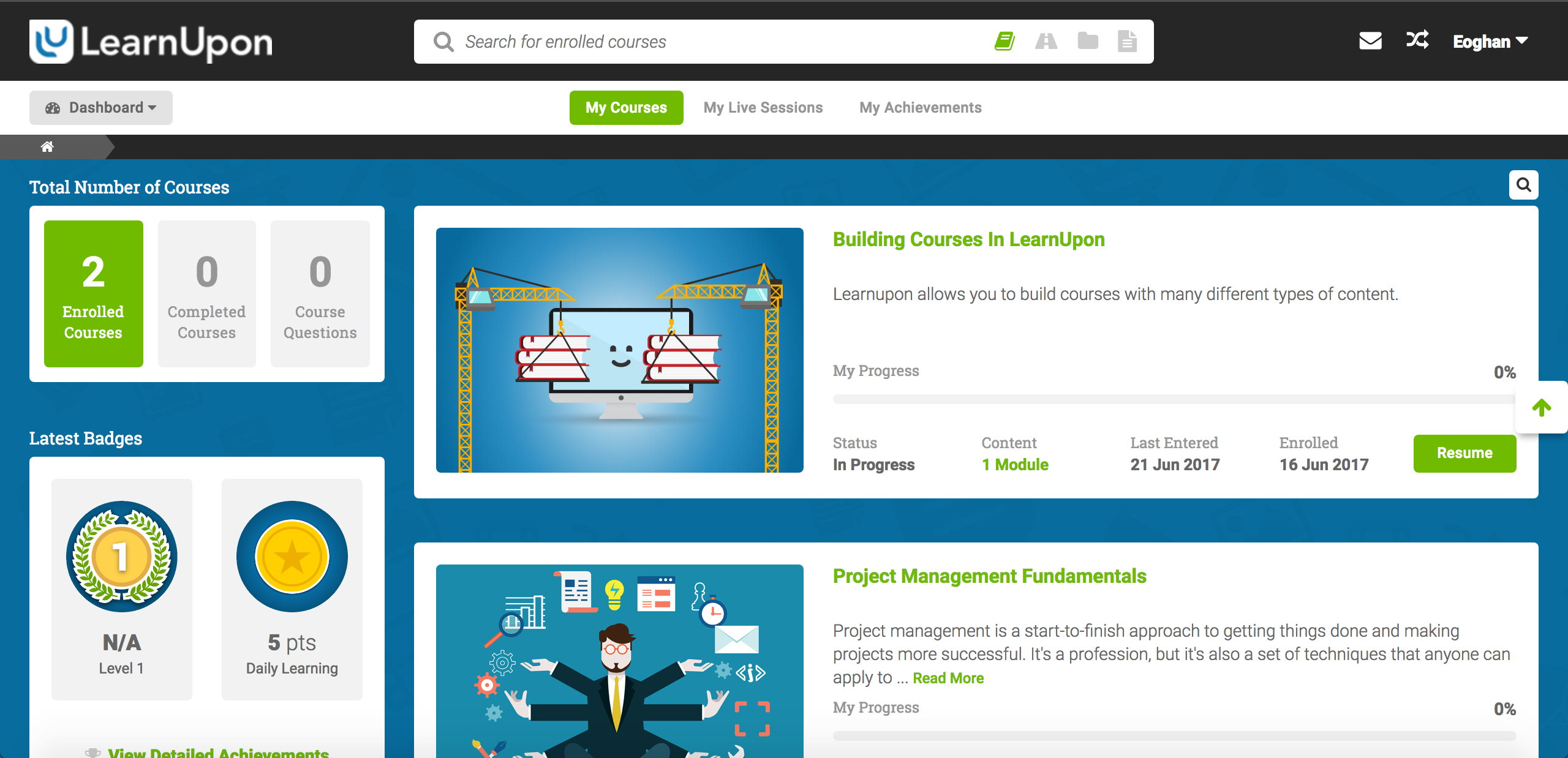 LearnUpon LMS dashboard showing enrolled courses