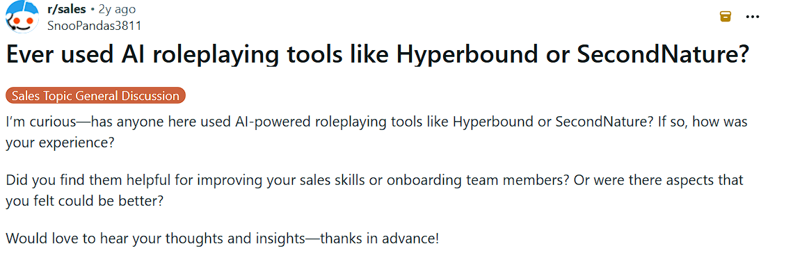 Reddit discussion about AI sales roleplay tool limitations and feedback from sales teams
