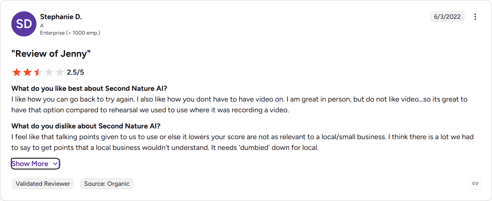 G2 review of Second Nature describing the AI expecting answers phrased in a specific scripted way
